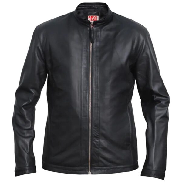 Férfi fekete Slim Fit motoros motoros bőrkabát - Image 2