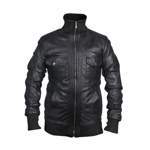 Férfi fekete Slim Fit Bomber motoros bőrkabát - Image 2