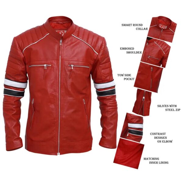 Férfi Cafe Racer piros csíkos bőrkabát - Image 6