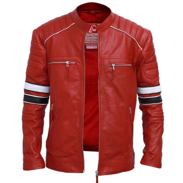 Férfi Cafe Racer piros csíkos bőrkabát - Image 7