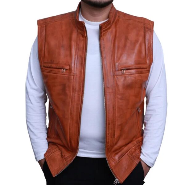 Divat férfi Rocker Rider motoros barna bőrmellény - Image 6