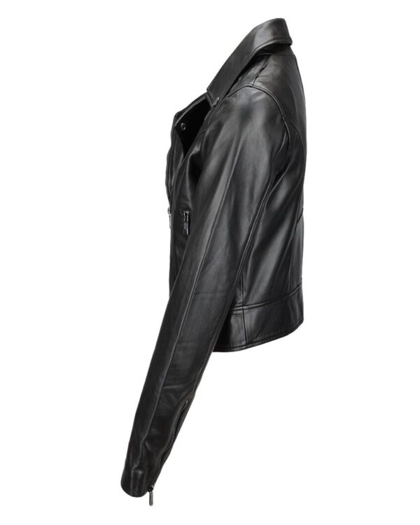 Női Slimfit Biker báránybőr bőrdzseki fekete - Image 3