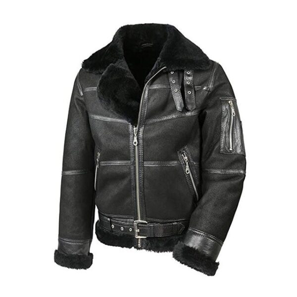 Férfi fekete Aviator báránybőr Shearling bőrkabát