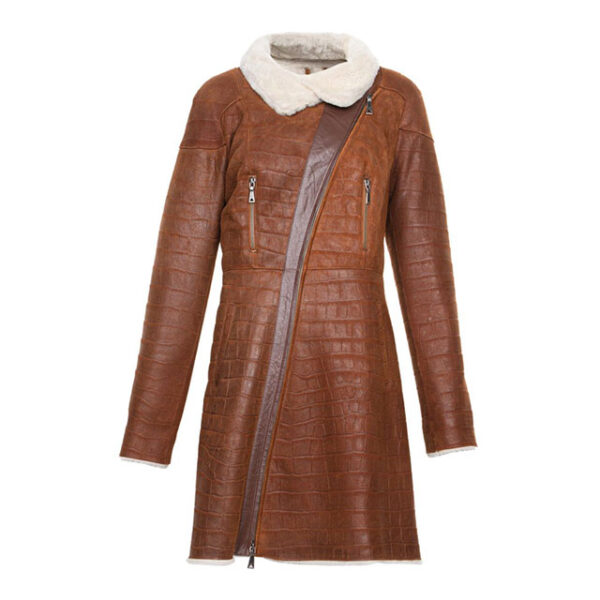 Barna Shearling szegélyezett hosszú műbőr kabát