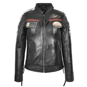 BUNERI Női Bőr Cafe Racer Biker Dzseki Motoros Felvarrókkal Fekete