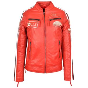 BUNERI Piros Női Bőr Café Racer Motoros Dzseki Jelvényekkel