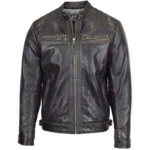 BUNERI Férfi Rub-Off Vintage Bőr Biker Dzseki Álló Gallérral