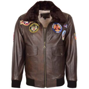 BUNERI Barna Férfi Bőr Bomber Dzseki - Air Force Stílus