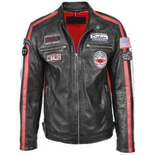BUNERI Fekete Valódi Bőr Biker Dzseki Motorsport Logókkal