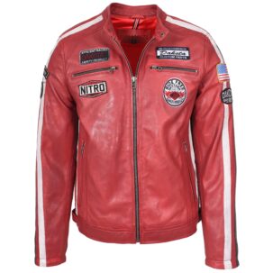 BUNERI Férfi Piros Bőr Biker Dzseki Motorsport Logókkal