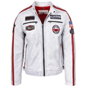 BUNERI Férfi Bőr Biker Dzseki Motorsport Logókkal - Vintage Fehér