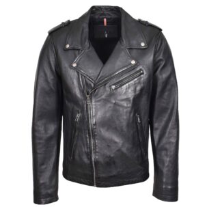 BUNERI Férfi Fekete Bőr Brando Biker Dzseki Keresztzipzár