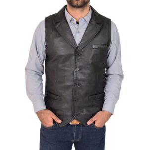 BUNERI Férfi Valódi Bőr Gombos Mellény Gilet Fekete