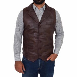 BUNERI Barna Valódi Bőr Gombos Mellény Gilet