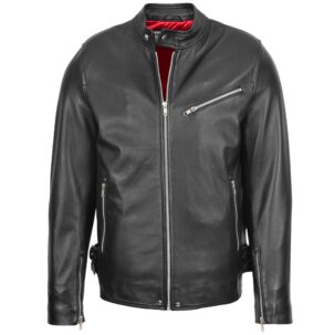 BUNERI Férfi Fekete Valódi Bőr Cafe Racer Casual Biker Dzseki