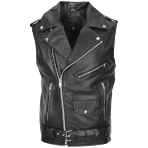 BUNERI Férfi Bőr Cross-Zip Biker Brando Mellény Fekete