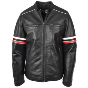 BUNERI Férfi Valódi Bőr Café Racer Biker Dzseki Fekete Multi-Csíkos