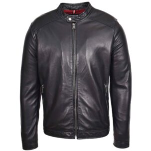 BUNERI Férfi Valódi Bőr Casual Biker Dzseki Fekete