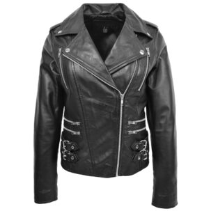 BUNERI Női Fekete Bőr Cross Zip Biker Dzseki