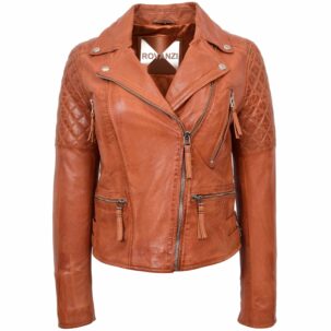BUNERI Konyak Valódi Bőr Női Cross Zip Biker Dzseki