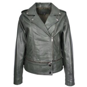 BUNERI Zöld Valódi Bőr Biker Dzseki 2-az-1-ben Cropped Stílus