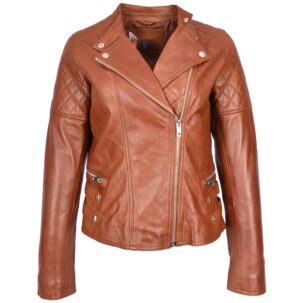 BUNERI Női Valódi Bőr Biker Dzseki Klasszikus Cross-Zip Stílus Gesztenye