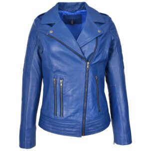 BUNERI Női Valódi Bőr Biker Dzseki Cross Zip Stílus Kék