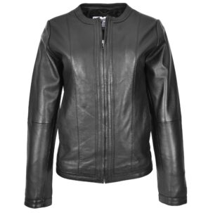 BUNERI Női Gallér Nélküli Valódi Bőr Dzseki Slim Fit Fekete