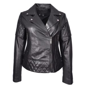 BUNERI Női Valódi Bőr Dzseki Multi Cross-Zip Biker Karcsúsított Steppelt Fekete