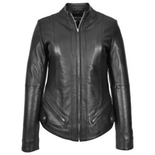 BUNERI Női Valódi Bőr Slim Fit Biker Álló Galléros Dzseki Fekete