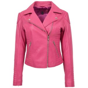 BUNERI Rózsaszín Valódi Bőr Cross Zip Biker Dzseki Női