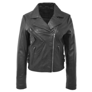 BUNERI Női Puha Bőr Cross-Zip Casual Dzseki Fekete